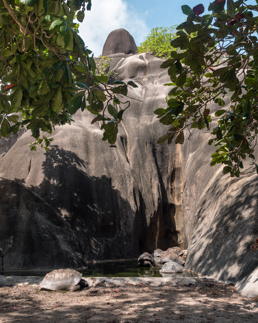 The Granite Monolith and enclosed tortoises on La Digue Seychelles