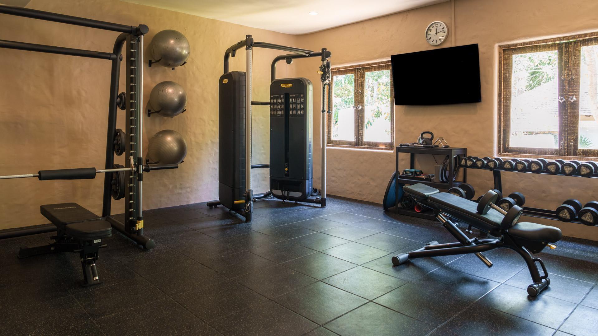 Free weights, a cable tower and a Smith machine.