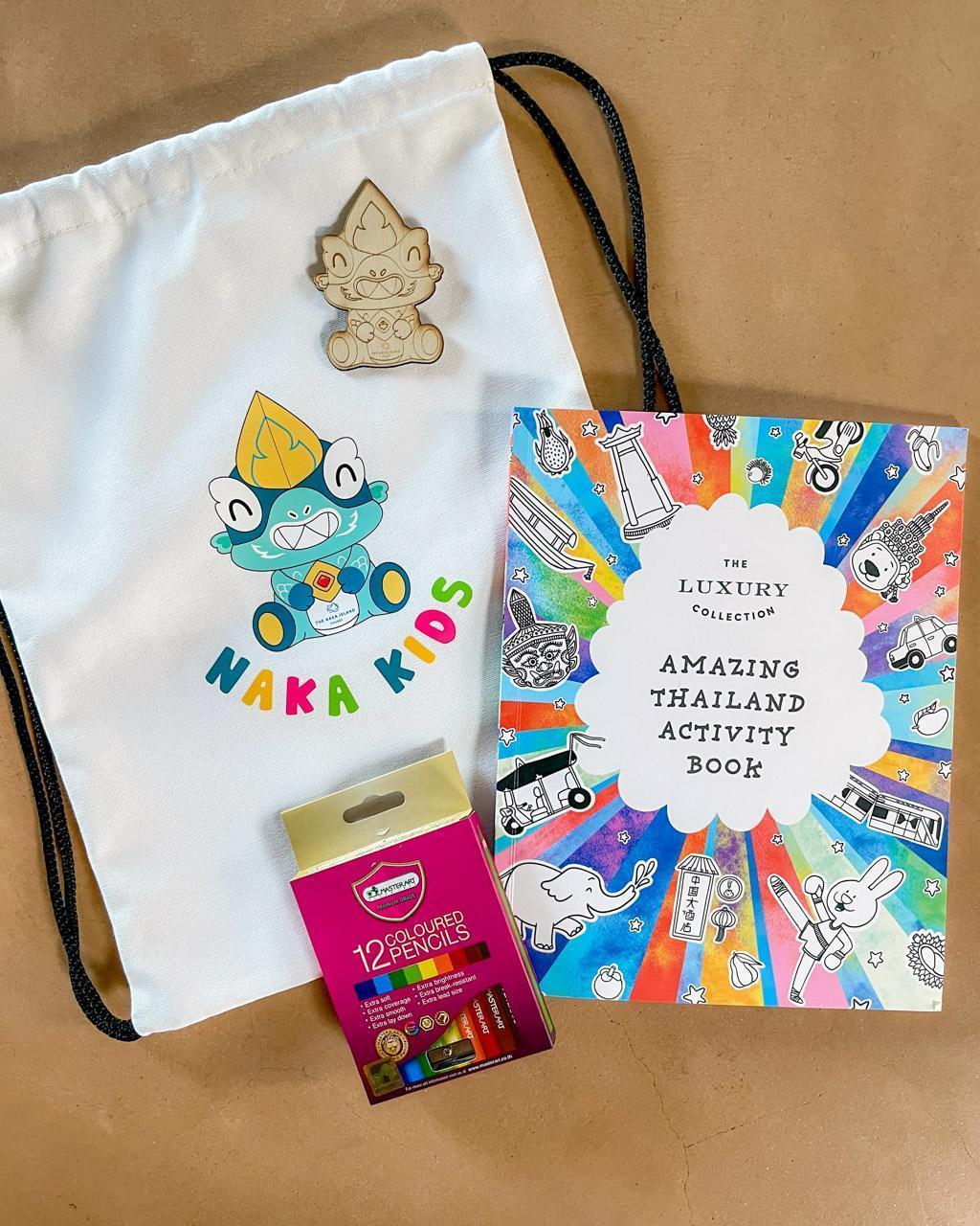 A set of high-quality colouring pencils and a Naka-branded activity book