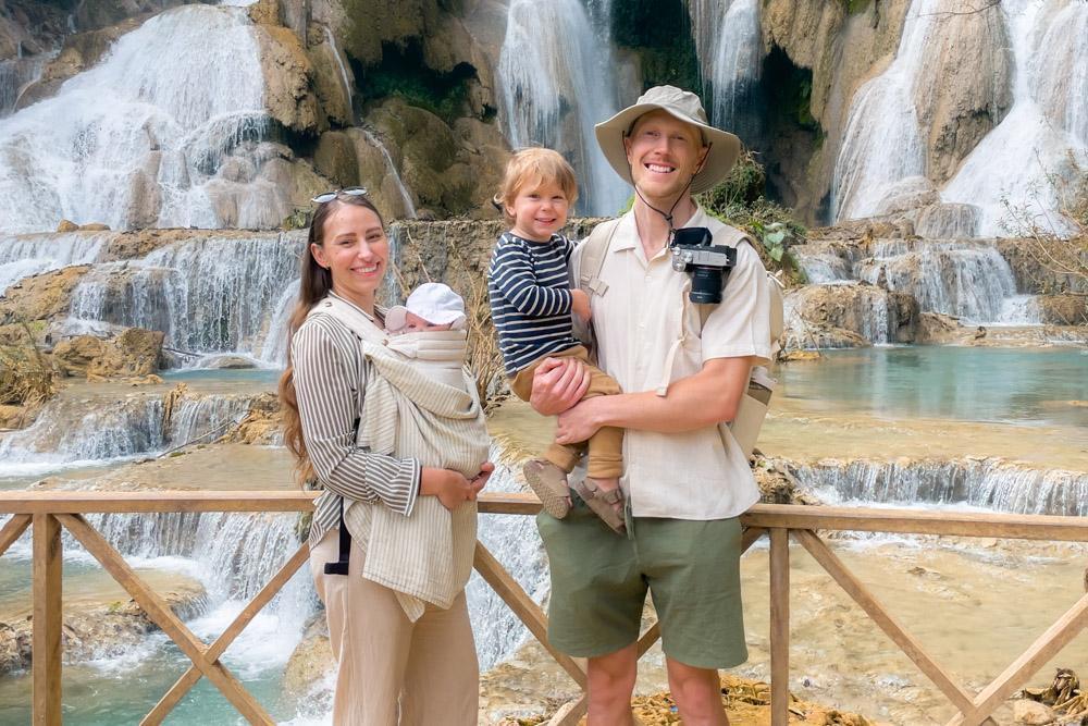 Alex, Victoria, Adrian and Zoe in front of a waterfall in Laos
