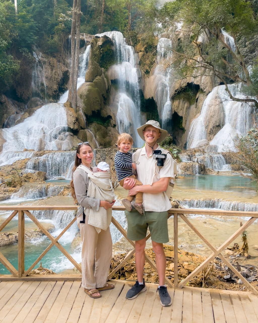 Alex, Victoria, Adrian and Zoe in front of a waterfall in Laos