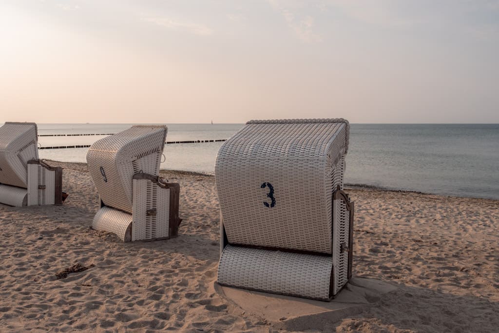 Beach baskets in Heiligendamm in the sunset