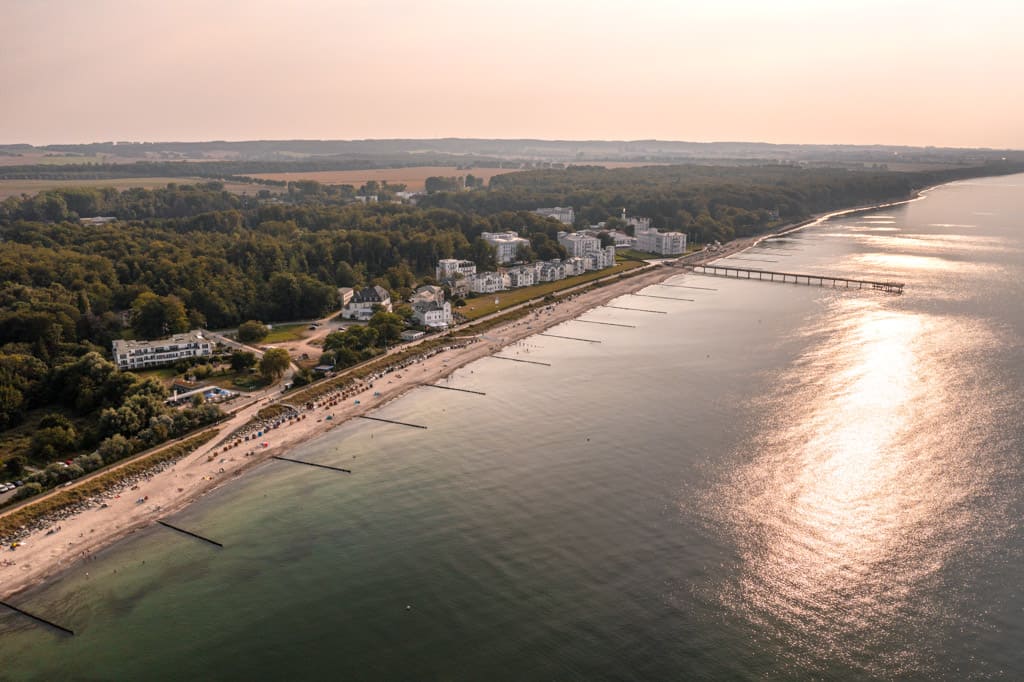 Drone shot of Mecklenburg-Vorpommern's coastline in the sunset