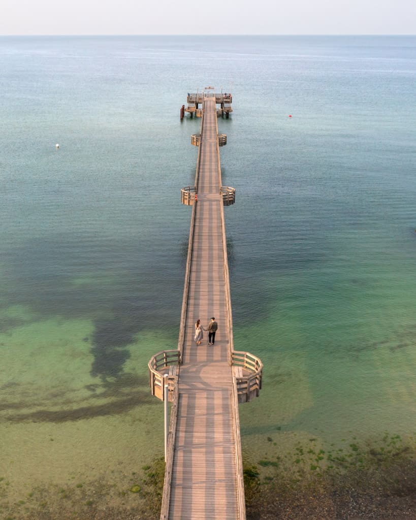 Seebrücke Heiligendamm from the drone looking out towards the ocean