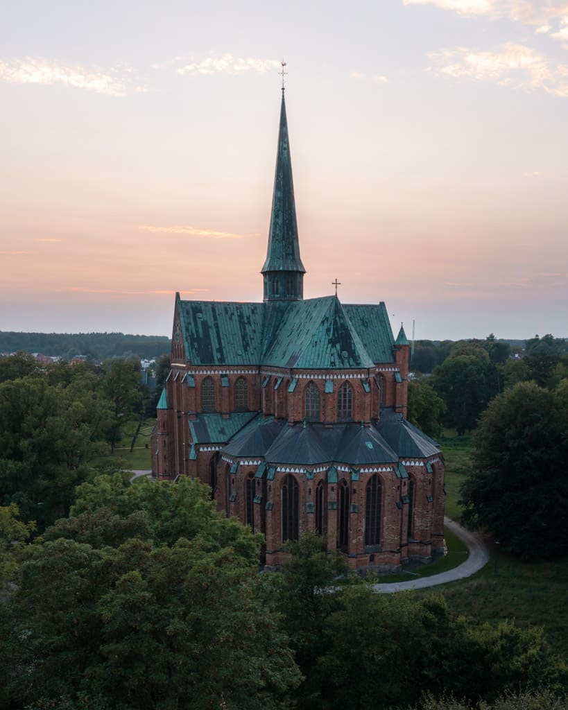 The Doberan Cathedral with the sunset in the background