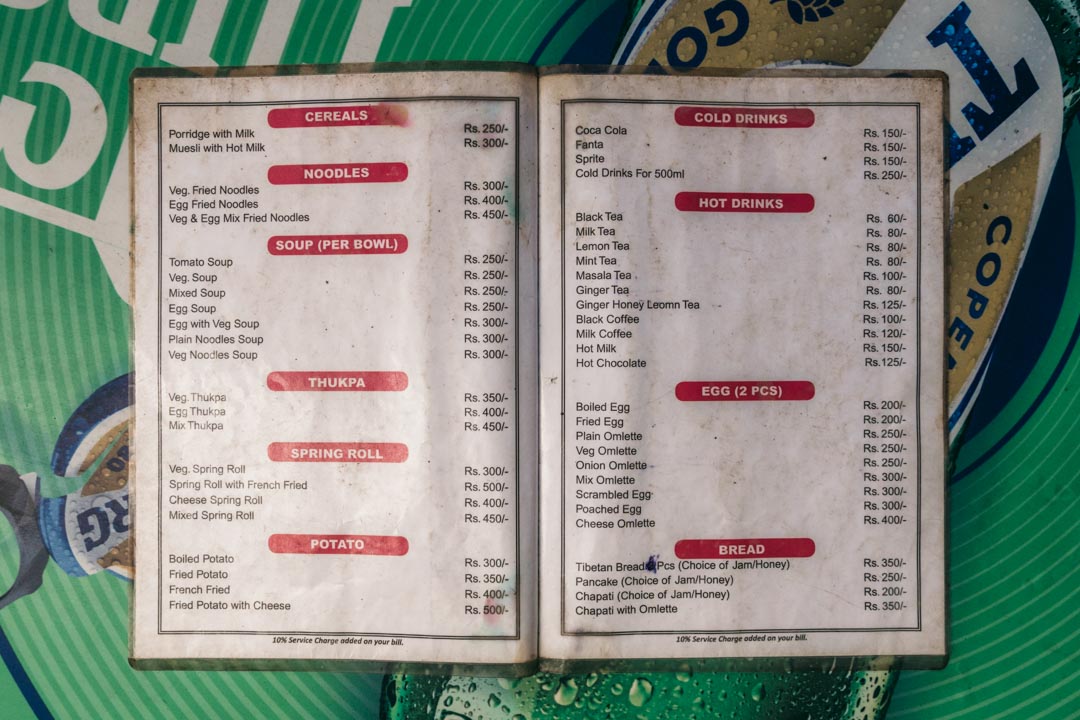 The menu at Sunset View Point Guesthouse
