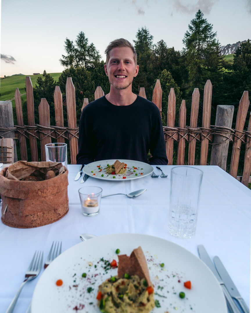 Alex with vegan pea hummus