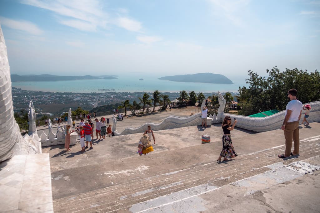 The view of the square and Chalong Bay from the top of the stairs by the Big Buddha