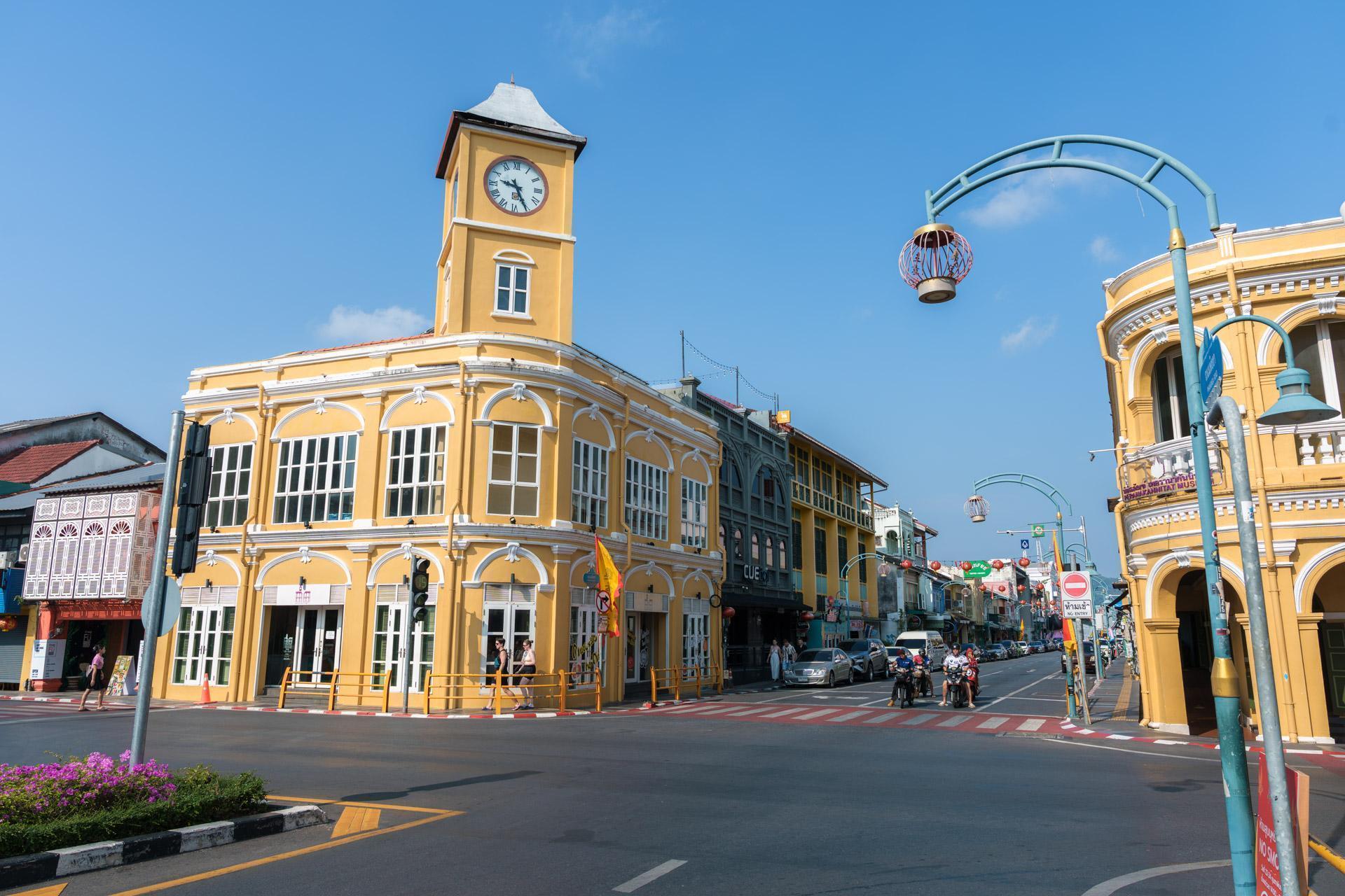 The yellow buildings at the corner of Phangnga Road and Phuket Road in Old Town