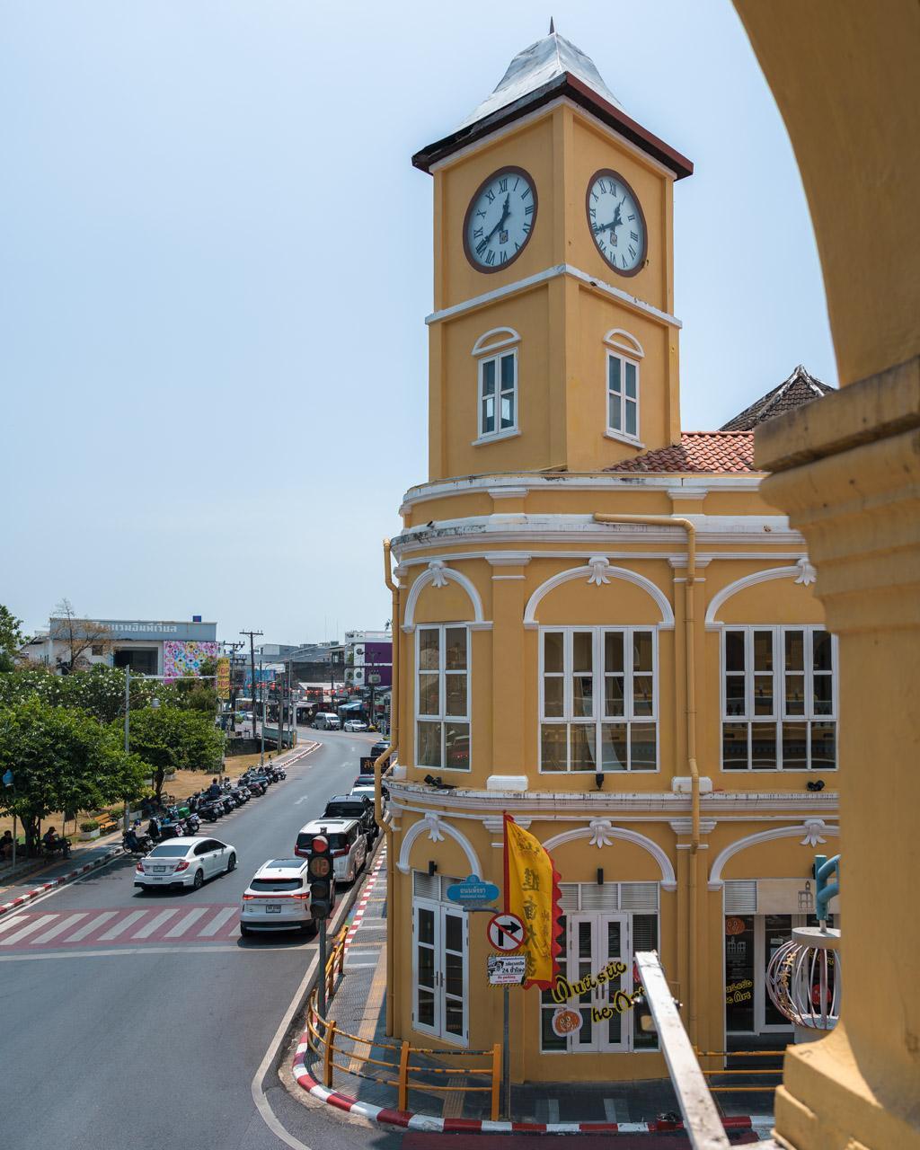 Old Town's famous clock tower as seen from the first floor of the Phuket Museum