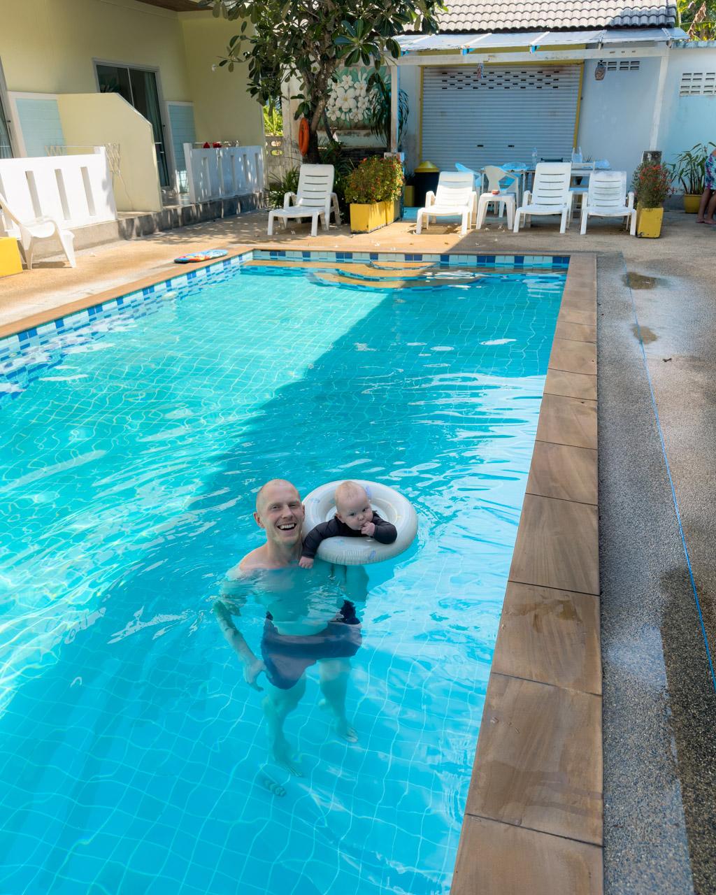 Alex and Adrian in (the shaded part of) a pool