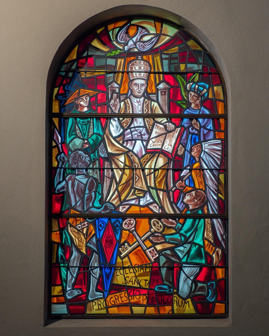 One of the stained-glass windows inside the church