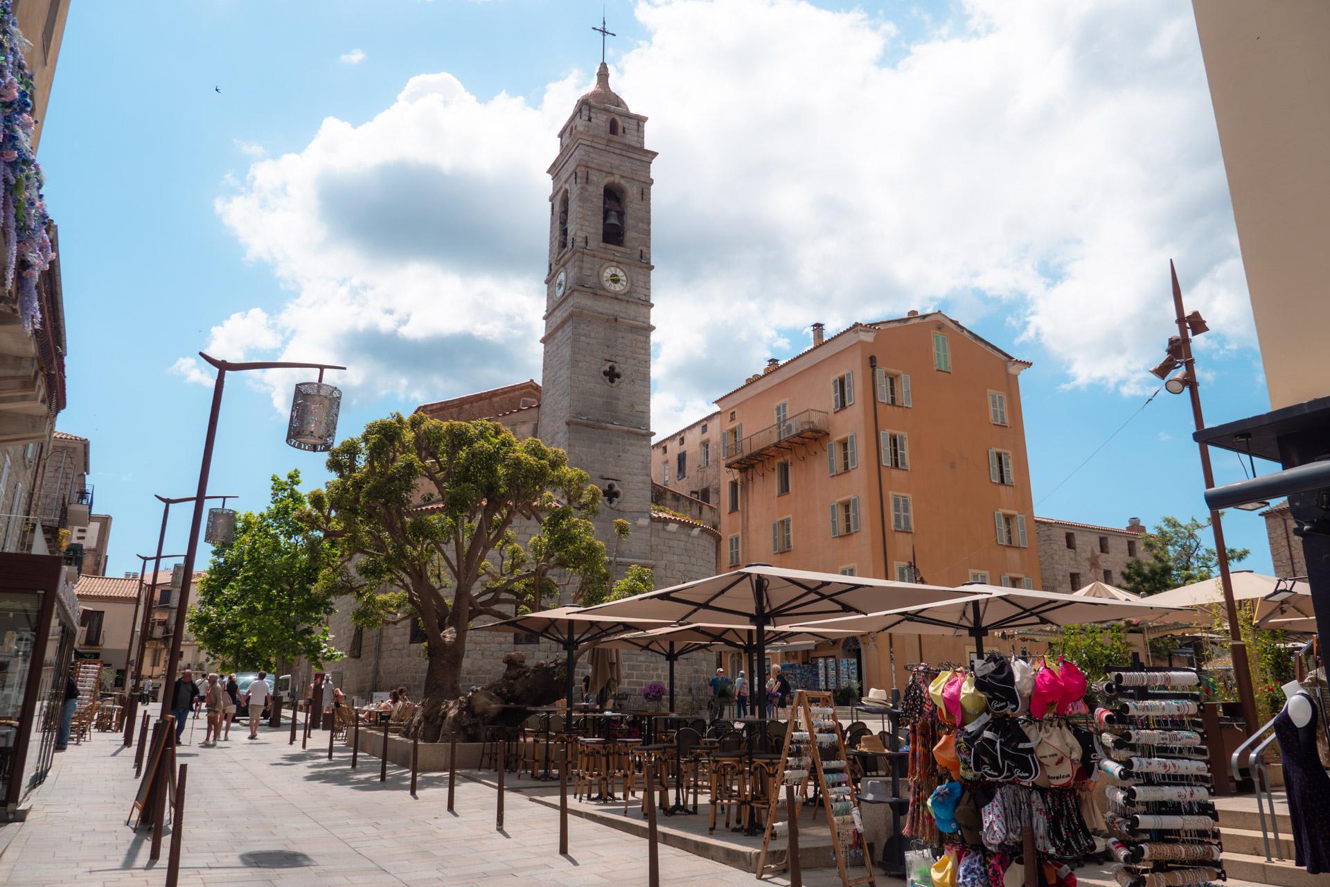 Place de la République in Porto-Vecchio with a view of the church