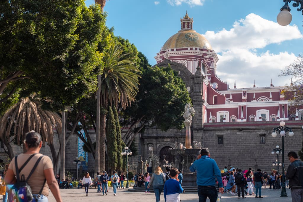 Puebla's Zocalo with the cathedral