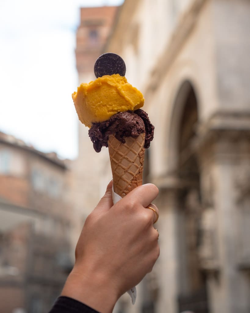 Gelato from Venchi with dark chocolate and mango sorbet