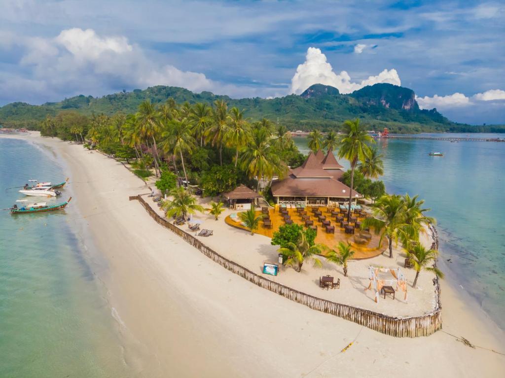 Aerial drone view of the sand spit by Sivalai Beach Resort, which is the best resort on Koh Mook.
