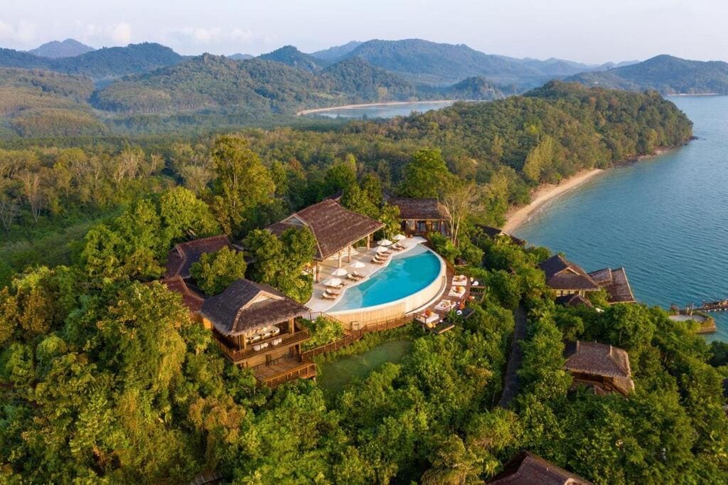 Six Senses Yao Noi drone image with the island in the background