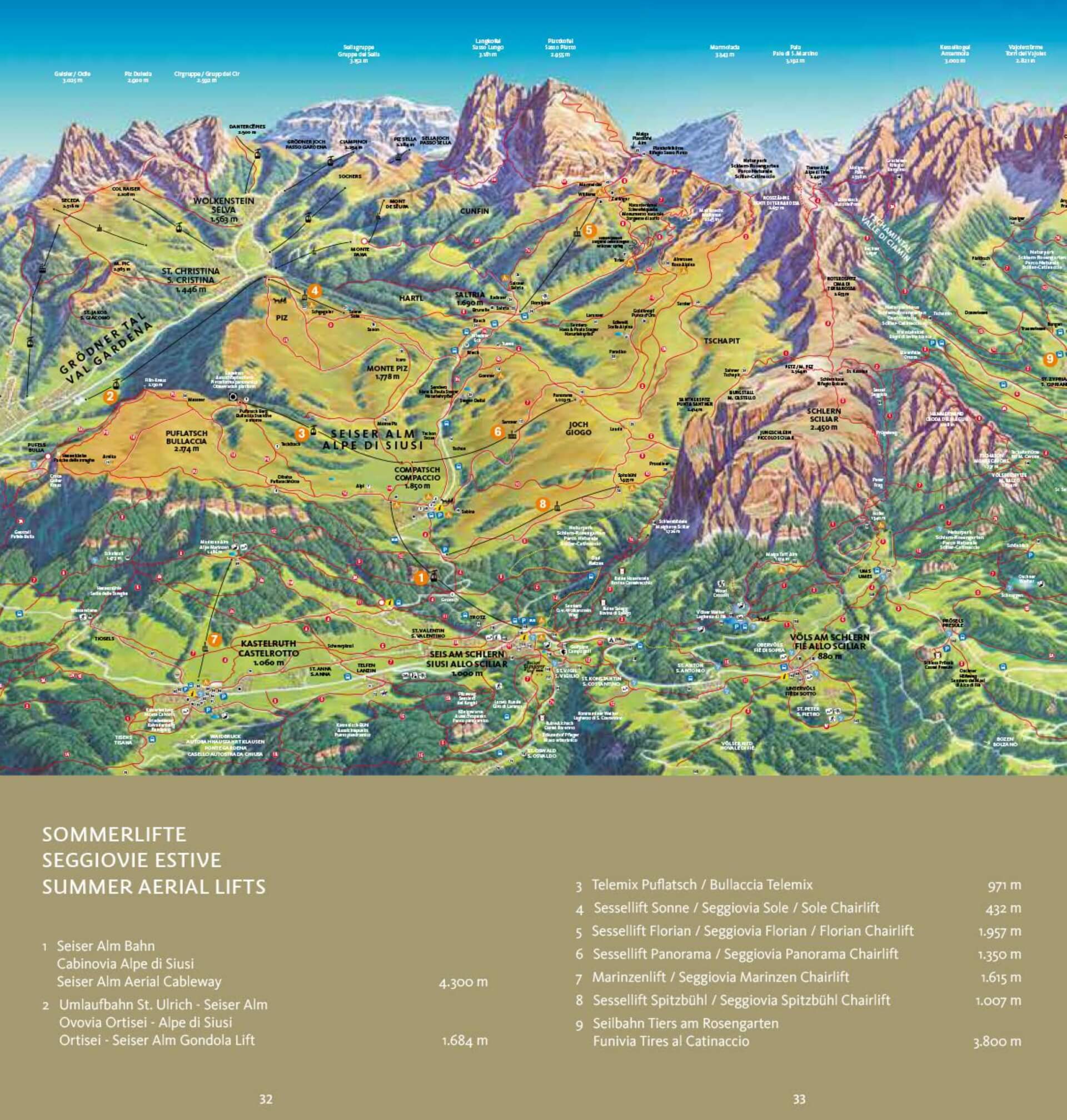 Overview of cable cars on Alpe di Siusi (Seiser Alm)