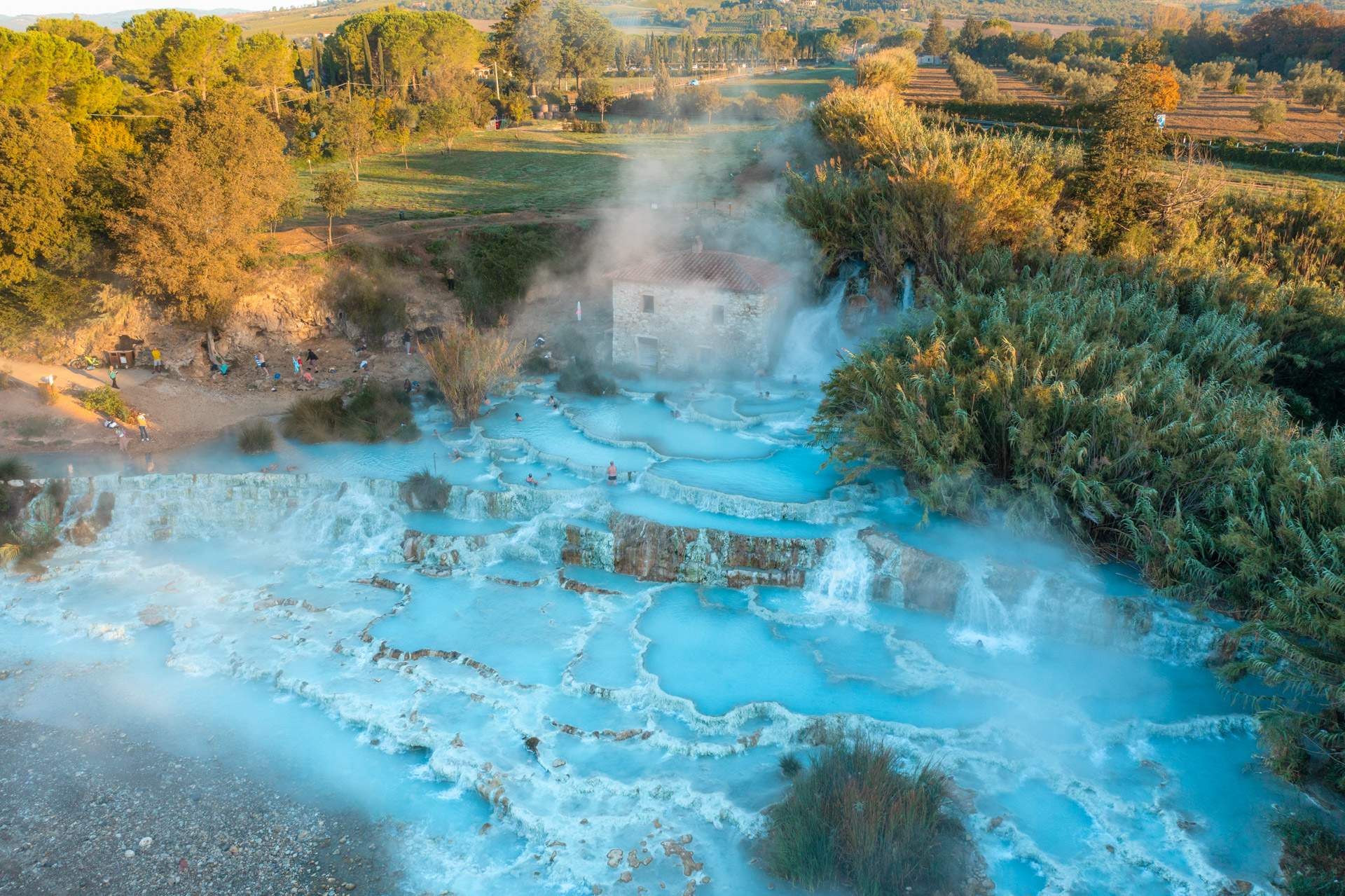 Saturnia hot springs from drone