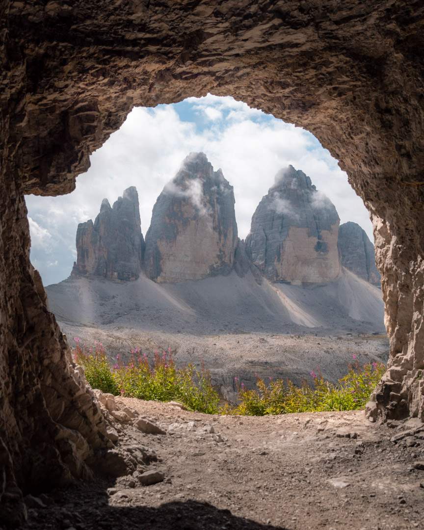 The view from the caves towards Tre Cime di Lavaredo in the Dolomites