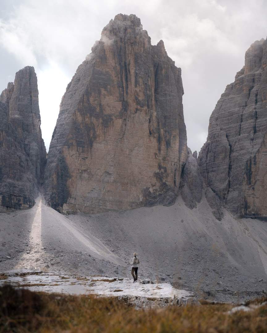 Tre Cime di Lavaredo view with Victoria in the foreground
