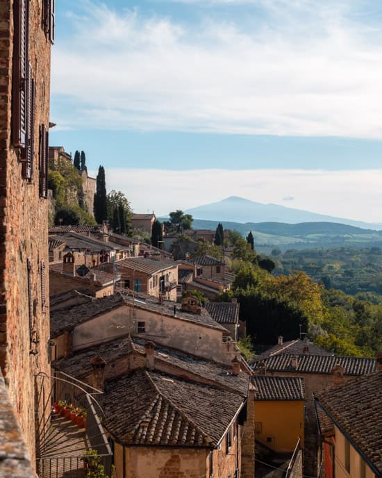 View of the vineyards and hills on the horizon from Montepulciano 