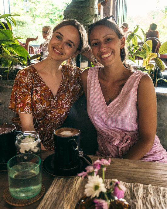 Clara and Victoria enjoying a hot chocolate after a long day out exploring the landscapes of Ubud