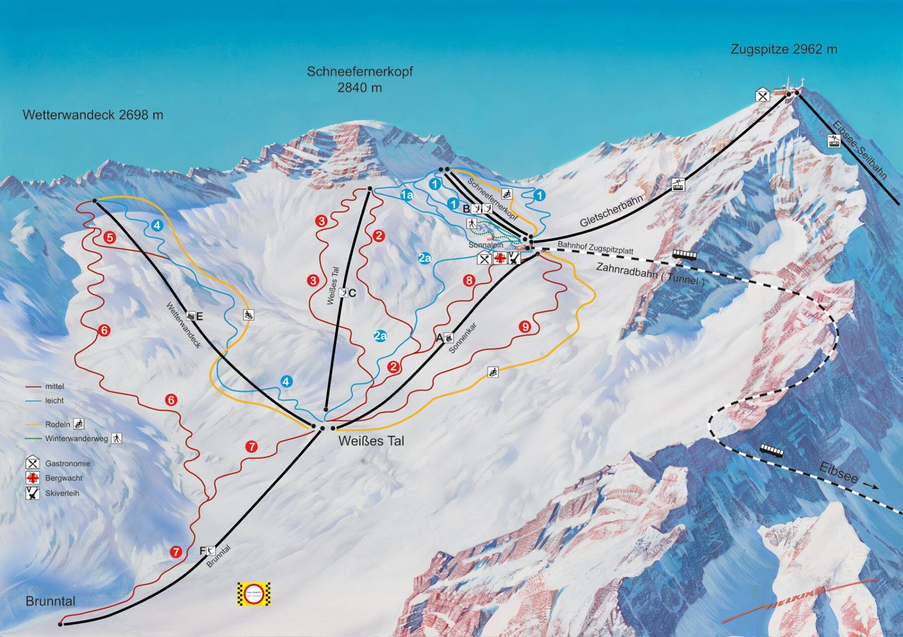 The skiing map for the Zugspitze area